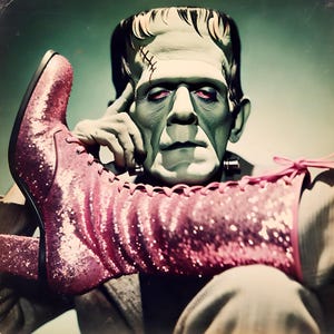 Pode incluir: Imagem artística de uma figura semelhante a Frankenstein com pele verde e cicatrizes costuradas, apoiando uma mão na cabeça. Uma bota rosa de salto alto com lantejoulas é exibida, adicionando um toque de glamour. A bota é amarrada.