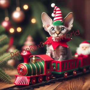 Devon Rex Kätzchen - JPEG - Hohe Qualität - Leinwanddrucke, Kartenherstellung, Clip Art, Papiermodelle, Aquarellkunst, T-Shirt Design - Weihnachten