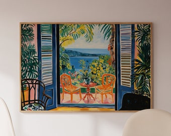 May include: A painting depicting a view from a window with blue shutters, showcasing a tropical scene featuring palm trees and a body of water. The painting is hung on a white wall above a wooden table with two white chairs.
