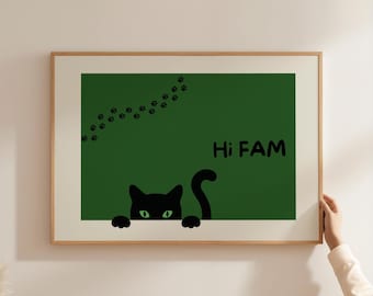 猫のウォールアートイラスト | 黒猫の「Hi Fam」ポスター | 面白いペットデコレーション | かわいい猫のアートプリント | 猫好きへのギフト
