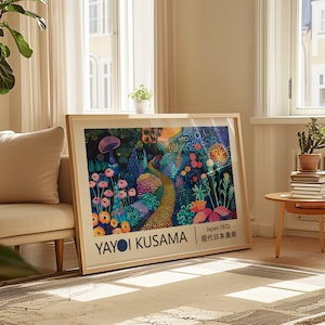 May include: A framed print of a colourful abstract painting by Yayoi Kusama. The painting features a path winding through a forest of flowers and mushrooms. The text "Japan 1972" and "現代日本美術" is printed in the bottom right corner.