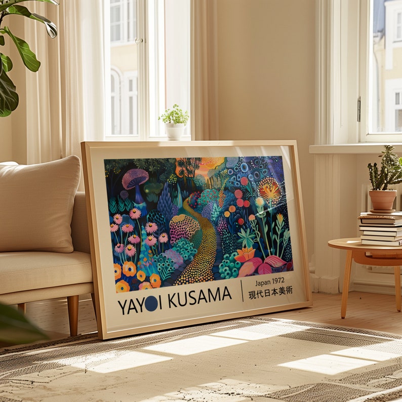 May include: A framed print of a colourful abstract painting by Yayoi Kusama. The painting features a path winding through a forest of flowers and mushrooms. The text "Japan 1972" and "現代日本美術" is printed in the bottom right corner.