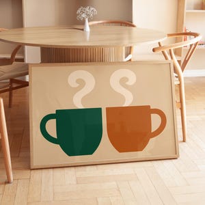 Kaffeetassen Poster - Frühstücksbild, Retro Kaffee Poster, Küchenkunst, Kaffee Cartoon Druck, Retro Wandkunst, Vintage Küchen Drucke