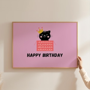 Cat Poster - Happy Birthday, High quality cat poster for your home or as a gift, Funny cat print, Retro cat art