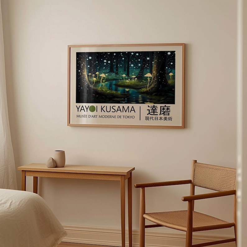 May include: A poster featuring a painting by Yayoi Kusama, titled "Infinity Nets." The painting depicts a forest with glowing mushrooms and a stream. The poster includes the artist's name, the title of the work, and the museum where it is displayed: Mus&eacute;e d'Art Moderne de Tokyo.