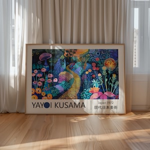 May include: A colourful abstract painting by Yayoi Kusama, titled "Japan 1972" and labelled "Contemporary Japanese Art". The painting features a winding path through a vibrant forest with flowers, mushrooms, and dots.