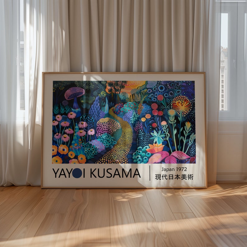 May include: A colourful abstract painting by Yayoi Kusama, titled "Japan 1972" and labelled "Contemporary Japanese Art". The painting features a winding path through a vibrant forest with flowers, mushrooms, and dots.