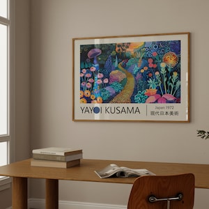 May include: A framed poster featuring a colourful abstract painting by Yayoi Kusama. The painting depicts a vibrant forest scene with a winding path, flowers, and mushrooms. The poster includes the artist's name, "Yayoi Kusama", and the text "Japan 1972" in the bottom right corner. The text "現代日本美術" is also included in the bottom right corner.