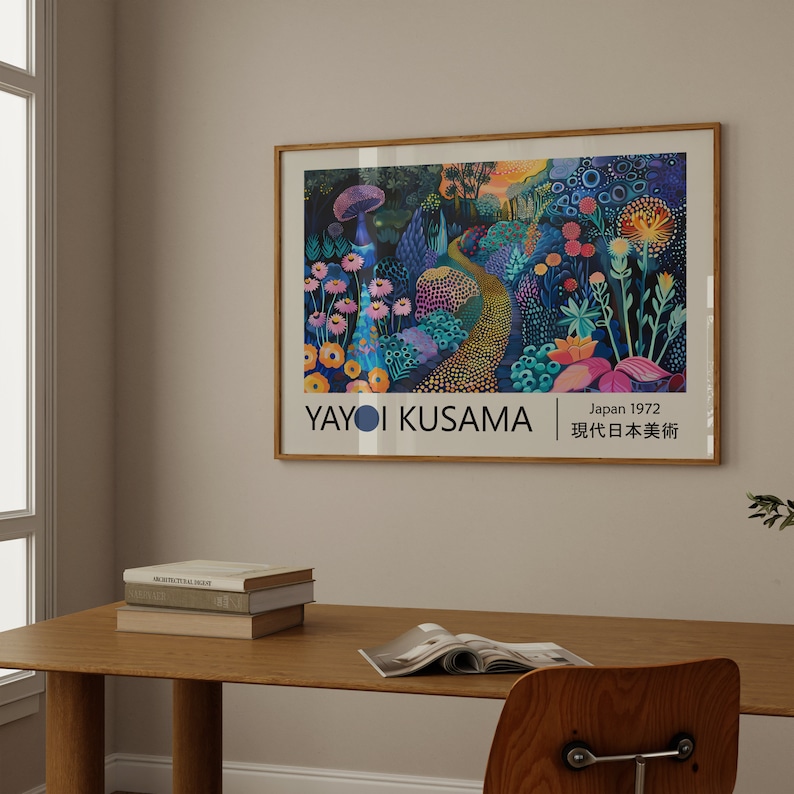 May include: A framed poster featuring a colourful abstract painting by Yayoi Kusama. The painting depicts a vibrant forest scene with a winding path, flowers, and mushrooms. The poster includes the artist's name, "Yayoi Kusama", and the text "Japan 1972" in the bottom right corner. The text "現代日本美術" is also included in the bottom right corner.