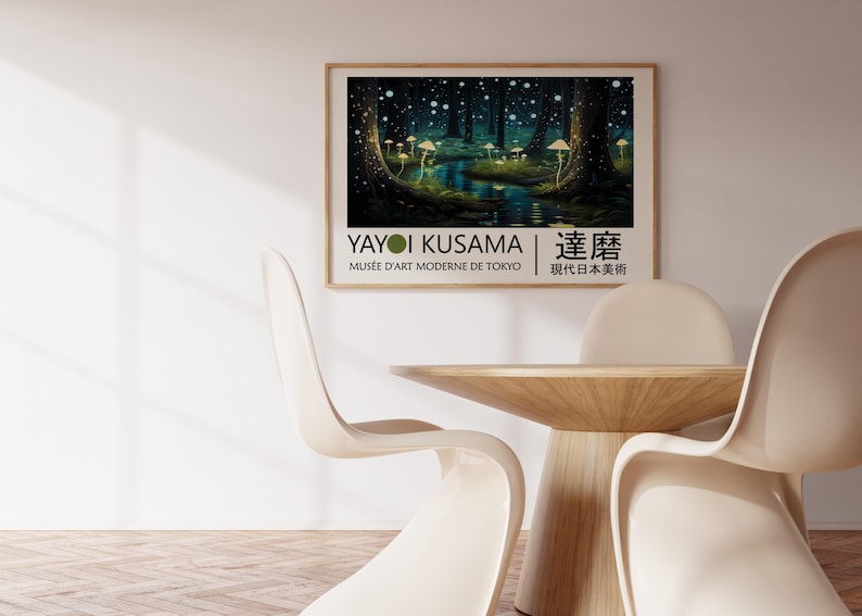 May include: A framed poster with a colorful illustration of a forest with glowing mushrooms and stars. The poster is titled "Yayoi Kusama" and features the text "Mus&eacute;e d'Art Moderne de Tokyo" and "現代日本美術館".