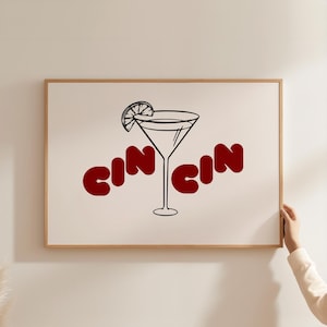 Cin Cin Poster - Cocktail Poster, Girly Bar, Alkohol trinken, Party Wanddeko, Esszimmer Bar, Süße Küchenkunst, Retro Cocktail Druck