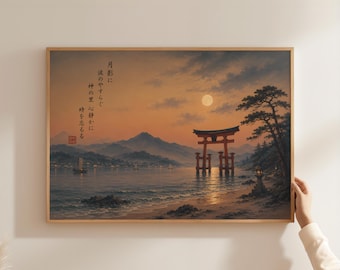 Japan Torii Gate Poster Sea Wall Decor | Japanese Art Print Landscape Format | Living Room Decoration Miyajima Moon | Zen Retro Picture