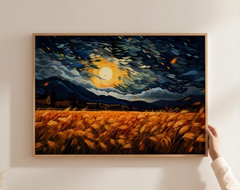 May include: A digital painting of a field of wheat with a full moon and dark clouds in the background. The moon is a bright yellow and the clouds are a dark blue. The wheat is a golden yellow.