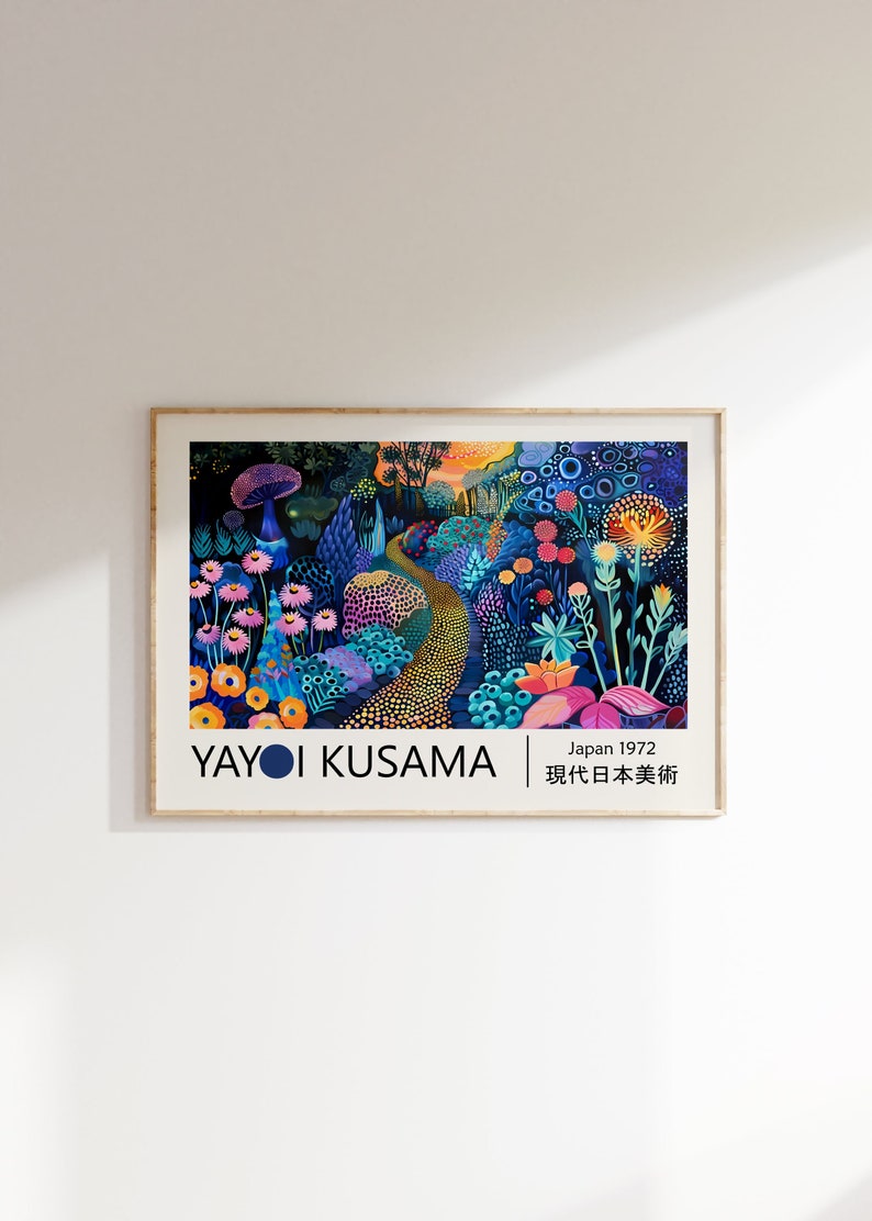 May include: A framed print of a colourful abstract painting by Yayoi Kusama. The painting features a winding path through a vibrant garden with flowers, mushrooms, and other organic shapes. The text "Yayoi Kusama" and "Japan 1972" is printed at the bottom of the print.