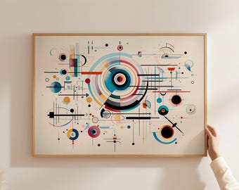 May include: Abstract geometric art print with a central circle in shades of blue, surrounded by concentric circles in black, white, and gray. The background is white with black, red, yellow, and blue geometric shapes.