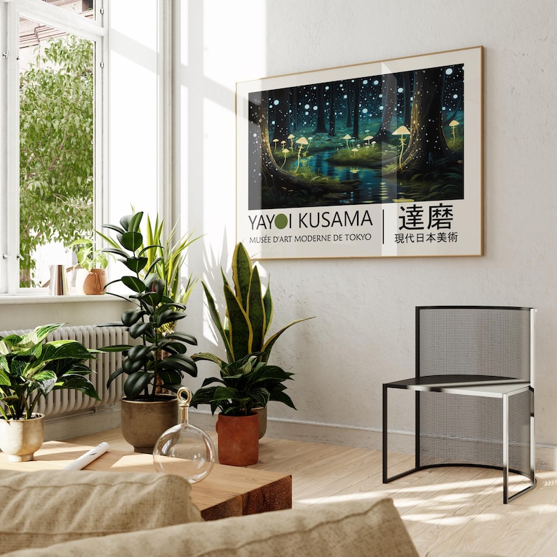 May include: A poster featuring a painting by Yayoi Kusama, titled "Infinity Nets", depicting a forest with glowing mushrooms and a pond. The poster is framed and hanging on a white wall. The text on the poster reads "Yayoi Kusama, Mus&eacute;e d'Art Moderne de Tokyo, Kusama,  現代日本美術".