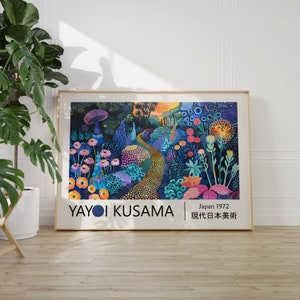 May include: A colourful abstract painting by Yayoi Kusama, depicting a winding path through a vibrant forest with flowers, mushrooms, and dots. The text "Yayoi Kusama" and "Japan 1972" is at the bottom of the painting, along with the Japanese text "現代日本美術".