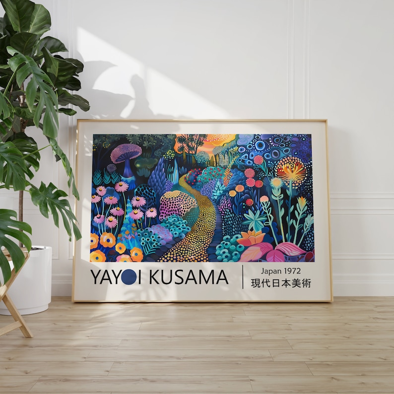 May include: A colourful abstract painting by Yayoi Kusama, depicting a winding path through a vibrant forest with flowers, mushrooms, and dots. The text "Yayoi Kusama" and "Japan 1972" is at the bottom of the painting, along with the Japanese text "現代日本美術".