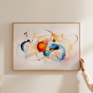 May include: Abstract art print with a white background and colourful shapes in shades of blue, orange, and yellow. The shapes are connected by thin black lines.