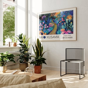 May include: A colourful abstract painting by Yayoi Kusama, titled "Japan 1972, Modern Japanese Art". The painting features a vibrant blue, green, and pink colour scheme with a winding path through a field of flowers.