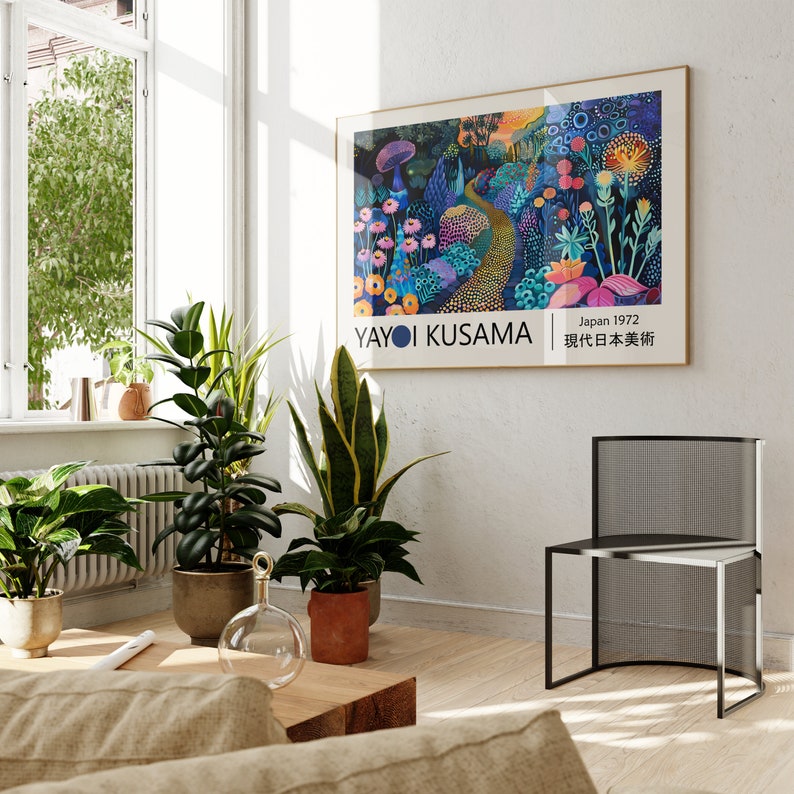 May include: A colourful abstract painting by Yayoi Kusama, titled "Japan 1972, Modern Japanese Art". The painting features a vibrant blue, green, and pink colour scheme with a winding path through a field of flowers.