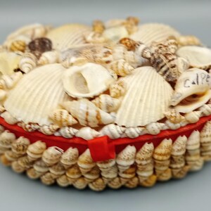 May include: A round decorative box covered in seashells. The box features a red band and is decorated with a variety of small and large shells in white, cream, and brown. The word "Calpe" is written on one of the shells.