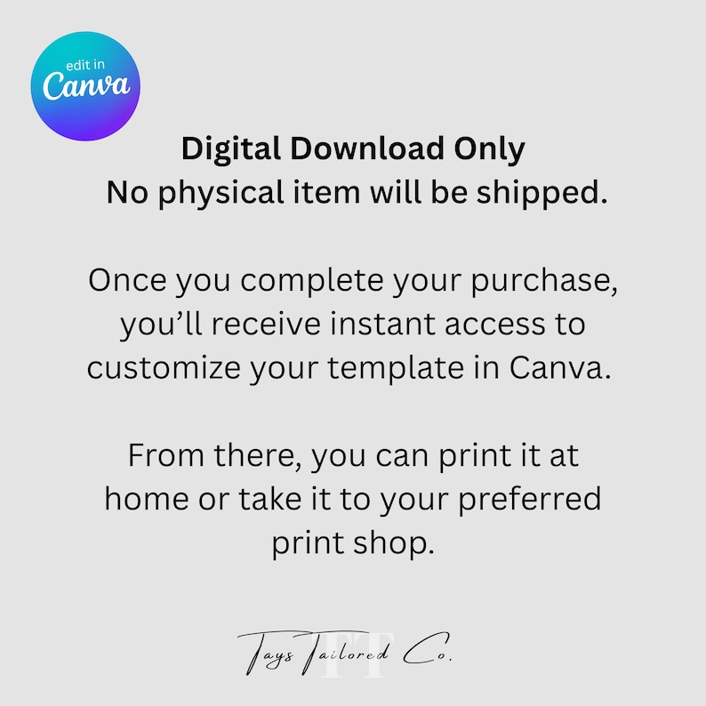 Op de afbeelding: Een digitale downloadafbeelding met de tekst "Alleen digitale download" en "Er wordt geen fysiek item verzonden." De afbeelding bevat instructies voor het aanpassen van een sjabloon in Canva en het afdrukken thuis of in een drukkerij.