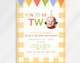 May include: A birthday invitation with a yellow gingham pattern background and colorful bunting at the top. The text reads "FUN TO BE TW" with a photo of a smiling baby. Additional text includes party details.