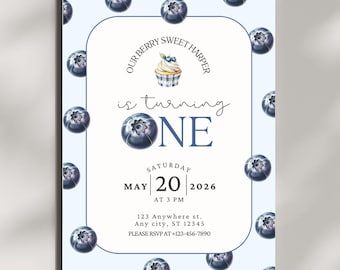 Blueberry Berry First Birthday Invitation, Editable 1st Birthday Party Invite Template, Berry Sweet Digital Download, Printable Invite, a14