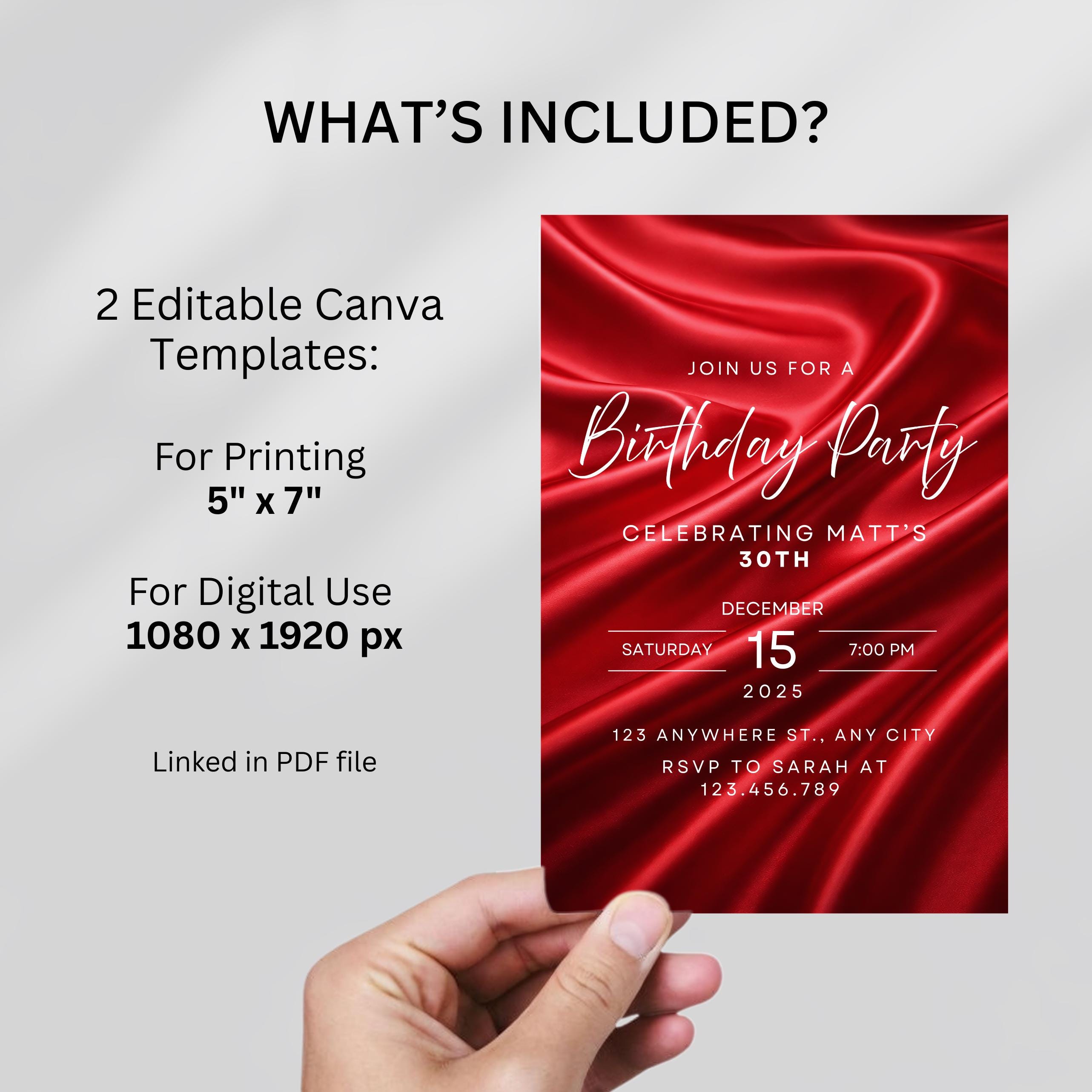 Editable Red Birthday Invitation, 30th Birthday Evite for Him, Modern ...