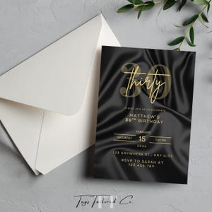 Black & Gold 30th Birthday Invitation for Him, Modern Mens Birthday Evite, Editable 30th Party Invite Template, Digital Download