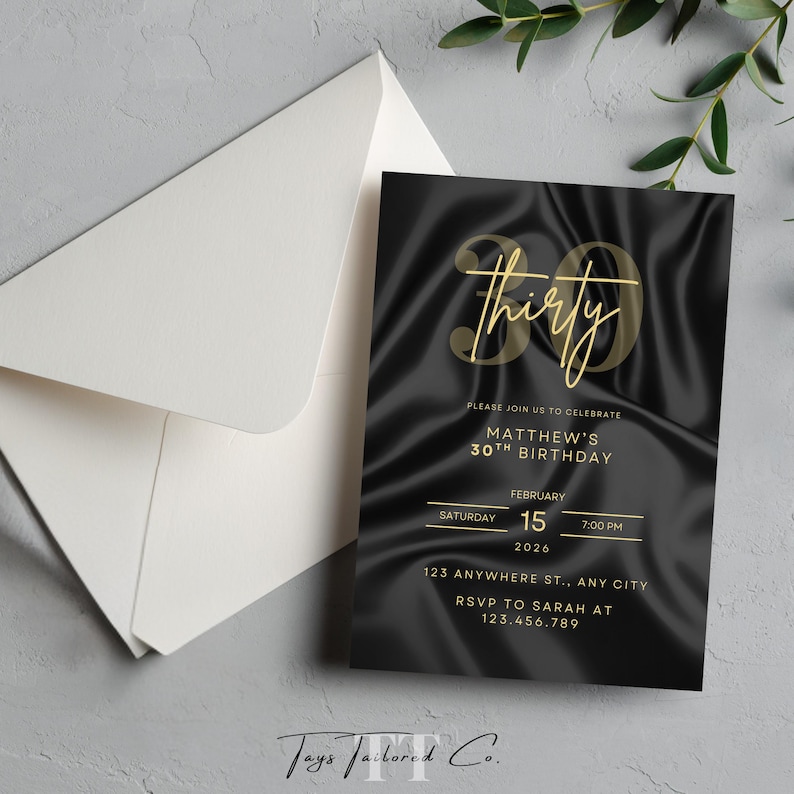 Black & Gold 30th Birthday Invitation for Him, Modern Mens Birthday Evite, Editable 30th Party Invite Template, Digital Download
