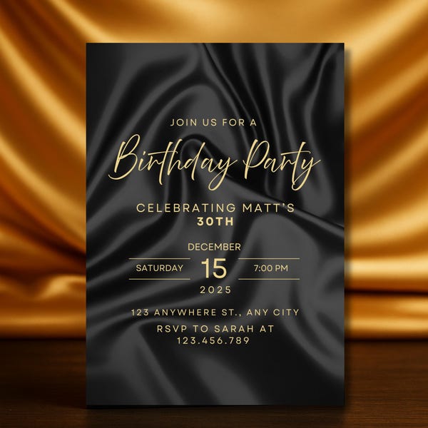 Schwarz & Gold Geburtstagseinladung, 30. Geburtstag Evite für Ihn, Moderne schwarze Geburtstag einladen, Herren Digital Party einladen, bearbeitbare Vorlage