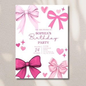 Puede incluir: Una tarjeta de invitación blanca con lazos, corazones y estrellas rosas. El texto dice "YOU ARE INVITED TO SOPHIA'S Birthday PARTY" con detalles del evento: sábado 24 de octubre, 4-6 PM, en el Hotel Borcelle, 123 Anywhere St, Any city, ST 12345.
