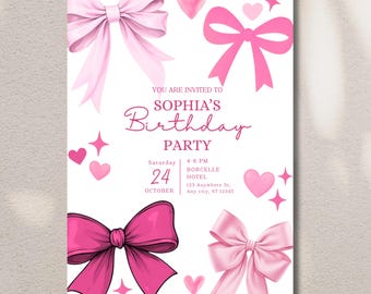 Verjaardagsuitnodiging met roze strik: Girly Coquette Party, bewerkbare sjabloon (digitale download)