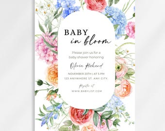Zaproszenie na baby shower „Baby in Bloom”, zaproszenie na baby shower dla dziewczynki z motywem kwiatów polnych, edytowalny szablon Canva do druku na wiosennym ogrodzie