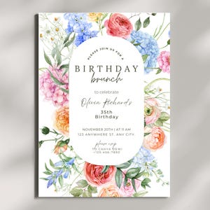 May include: A birthday brunch invitation with a floral design in watercolour. The invitation features pink, blue, and orange flowers and includes the text "Birthday Brunch" and details for Olivia Richards' 35th birthday.