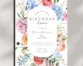 Floral Dinner Party Invitation Template, Editable Printable Flowers Invite, Women’s Birthday Dinner or Celebration Party Canva Template