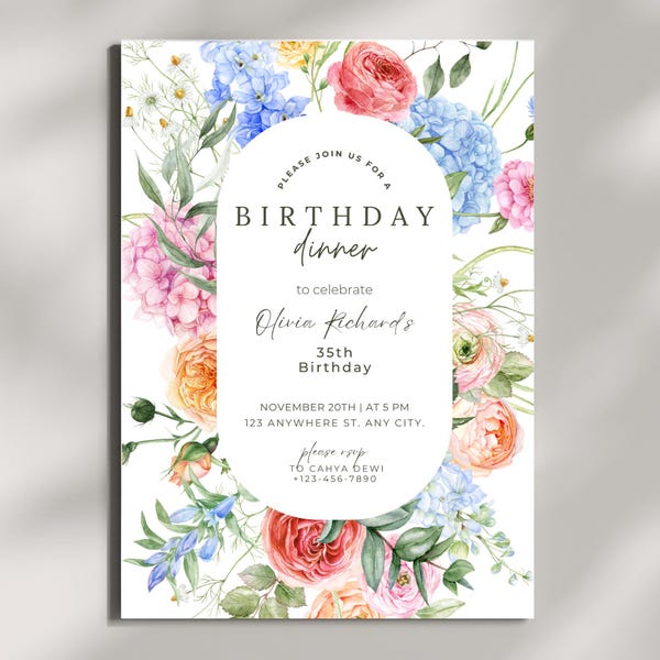 Floral Dinner Party Invitation Template, Editable Printable Flowers Invite, Women’s Birthday Dinner or Celebration Party Canva Template