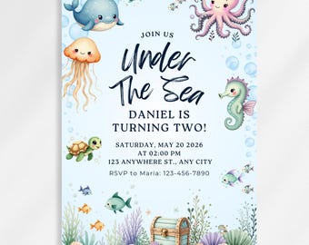 Invitation d'anniversaire sous la mer, modèle modifiable, invitation d'anniversaire pour enfants animaux marins, fête créatures marines aquarelle, anniversaire nautique