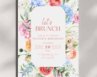 Laten we brunch uitnodigingssjabloon, Boho Wildflower verjaardagsbrunch uitnodiging, bloemen meisjesfeest afdrukbare, bewerkbare dames lunchuitnodiging