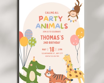 Calling All Party Animals Einladung, Safari-Geburtstags-Einladung, Party Animal Kinder einladen, bearbeitbare Vorlage, Dschungeltiere in Partyhüten