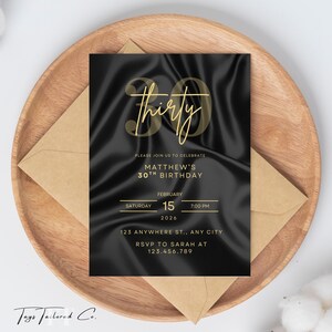 Black & Gold 30th Birthday Invitation for Him, Modern Mens Birthday Evite, Editable 30th Party Invite Template, Digital Download