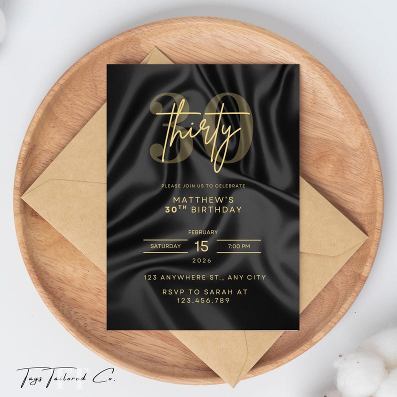 Black & Gold 30th Birthday Invitation for Him, Modern Mens Birthday Evite, Editable 30th Party Invite Template, Digital Download