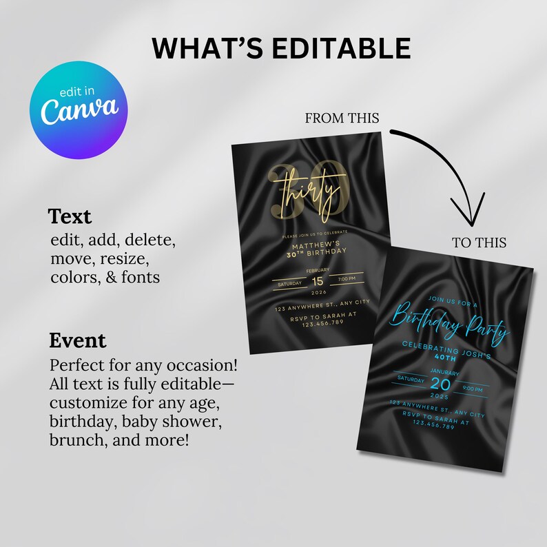 Op de afbeelding: Twee zwarte verjaardagsfeestuitnodigingen met gouden en turquoise tekst. De uitnodigingen bevatten de tekst "thirty" en "Birthday Party". De afbeelding bevat ook de tekst "What's Editable" en "Edit in Canva".