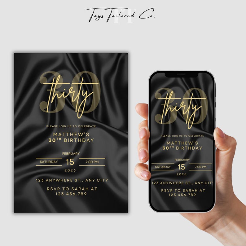 Black & Gold 30th Birthday Invitation for Him, Modern Mens Birthday Evite, Editable 30th Party Invite Template, Digital Download