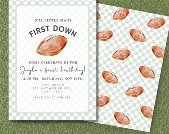 Editable First Down Birthday Invitation, Football 1st Birthday Evite, Digital Sports Party Invite, Instant Download Template for Boys