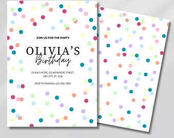 Editable Confetti Birthday Invitation Template, Printable Colorful Party Invite, Fun Bright Birthday Card Digital Download, Digital Invite