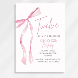 May include: A white invitation card with a watercolor pink bow and the word "Twelve" in pink script. The invitation is for Olivia's 12th birthday, with details including the date, time, and RSVP information.