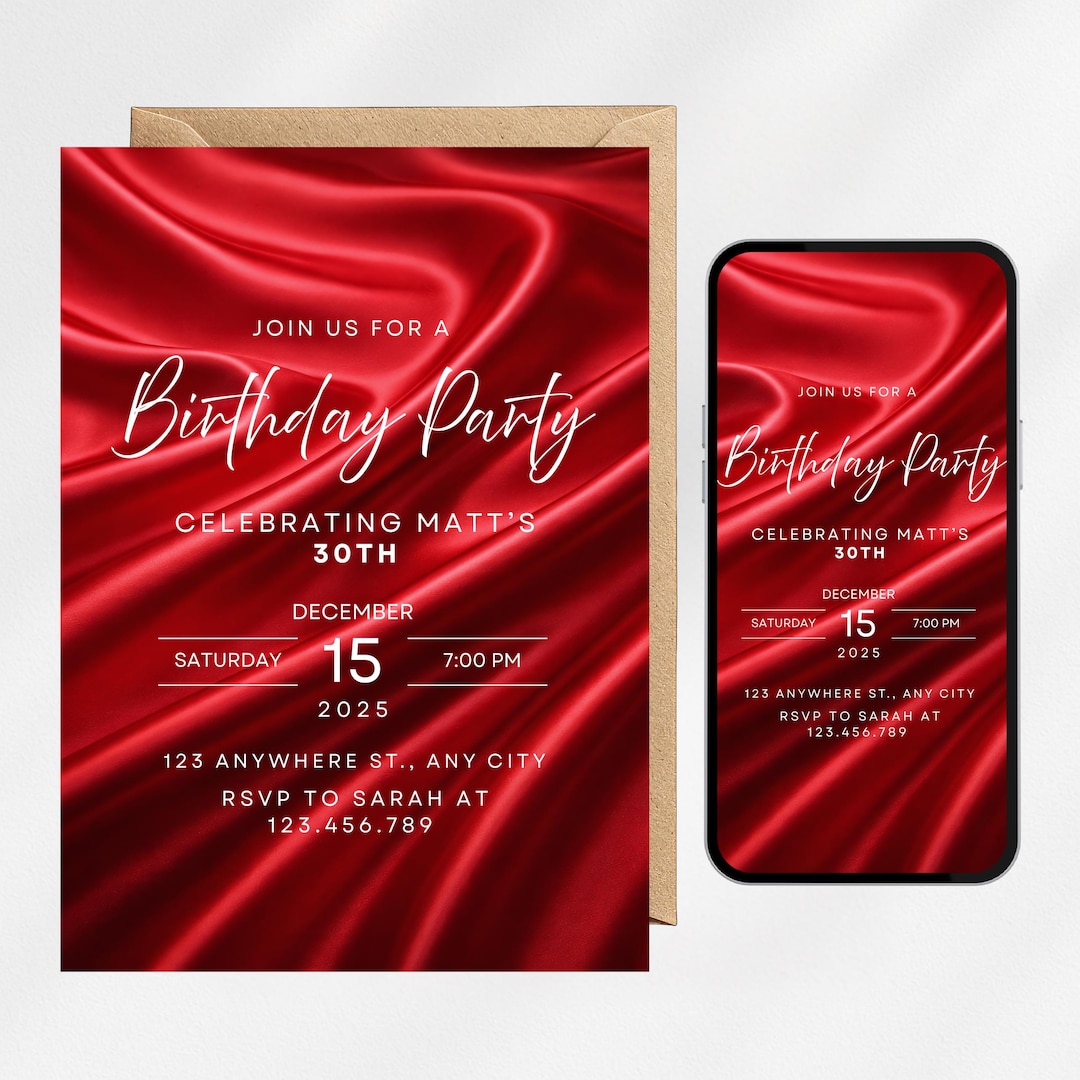 Editable Red Birthday Invitation, 30th Birthday Evite for Him, Modern ...